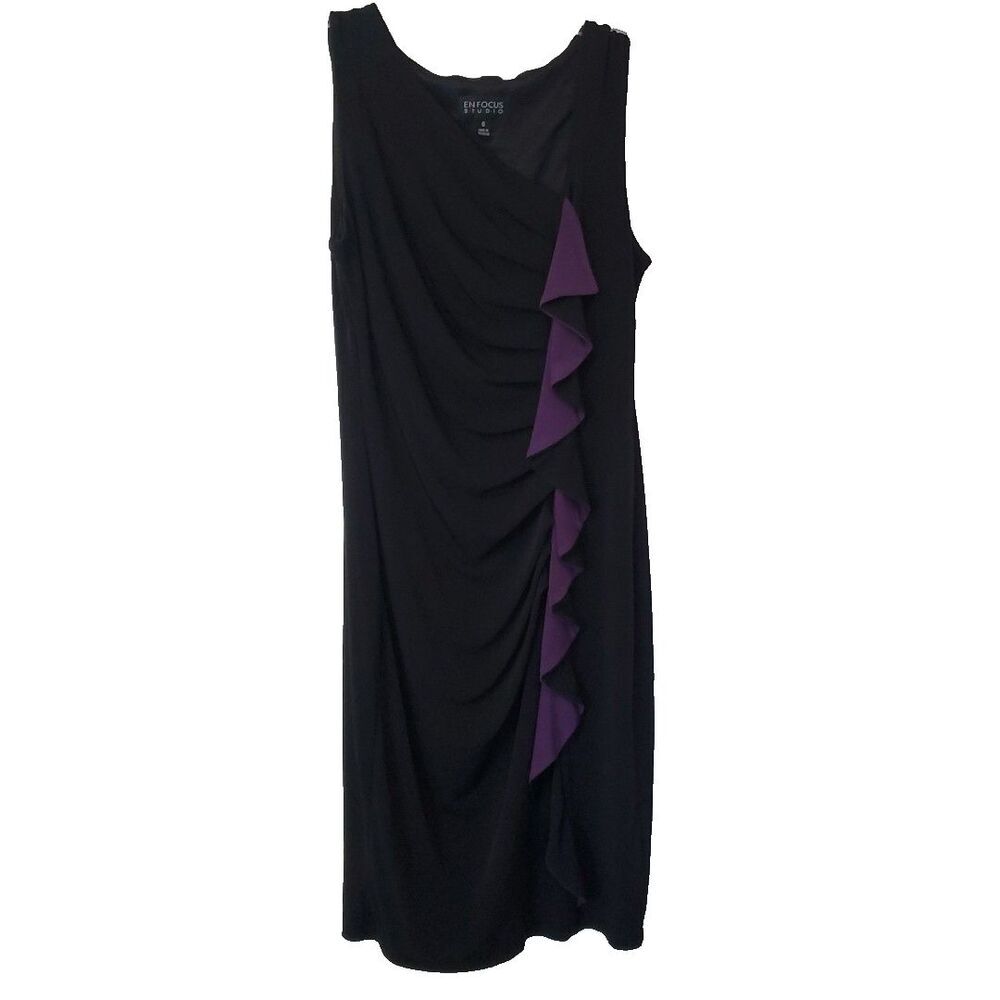 En Focus Dress Womens Size 6 Black‎ Purple Ruffle Accent Stretch Cocktail